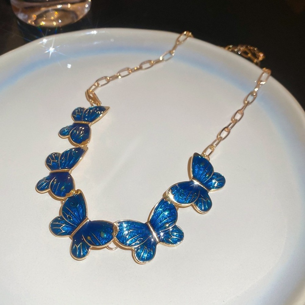 GlamBam Blue Enamel Butterfly Charm Necklace Gold Tone Fashion Jewelry - Picture 5 of 6